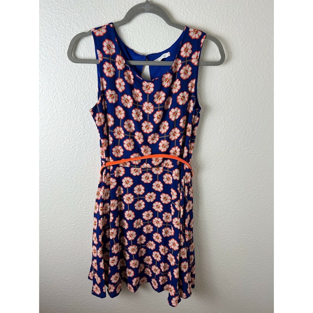 Ezra Navy Blue Neon Orange‎ Floral Print Belted Sleeveless Dress Size Small S